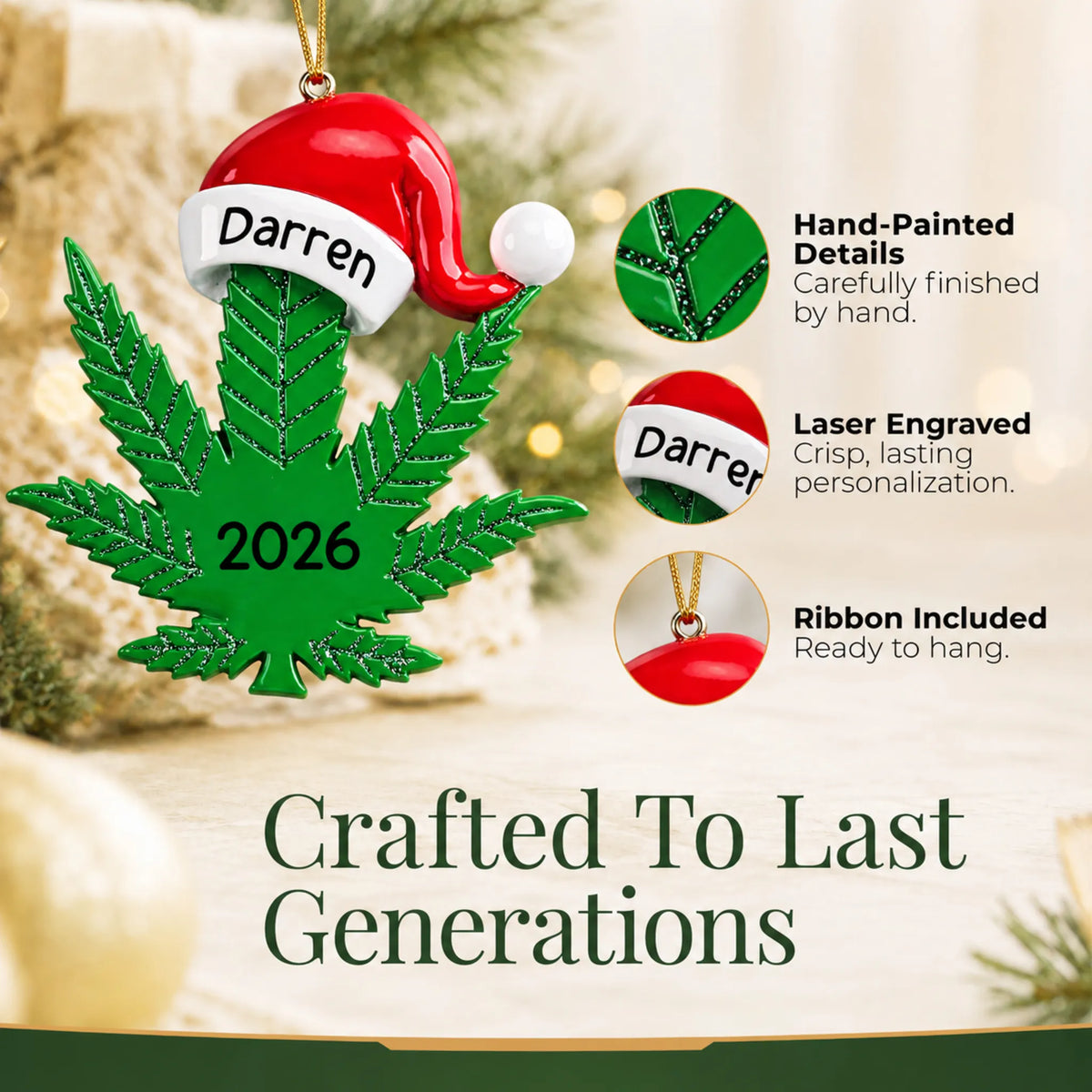Hand-painted details and laser engraved personalization on the cannabis leaf santa hat christmas ornament, ribbon included