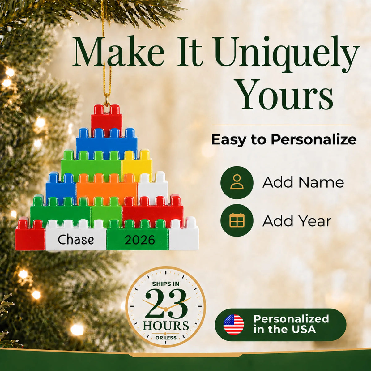 Make it yours: add name and year to the personalized building blocks christmas ornament