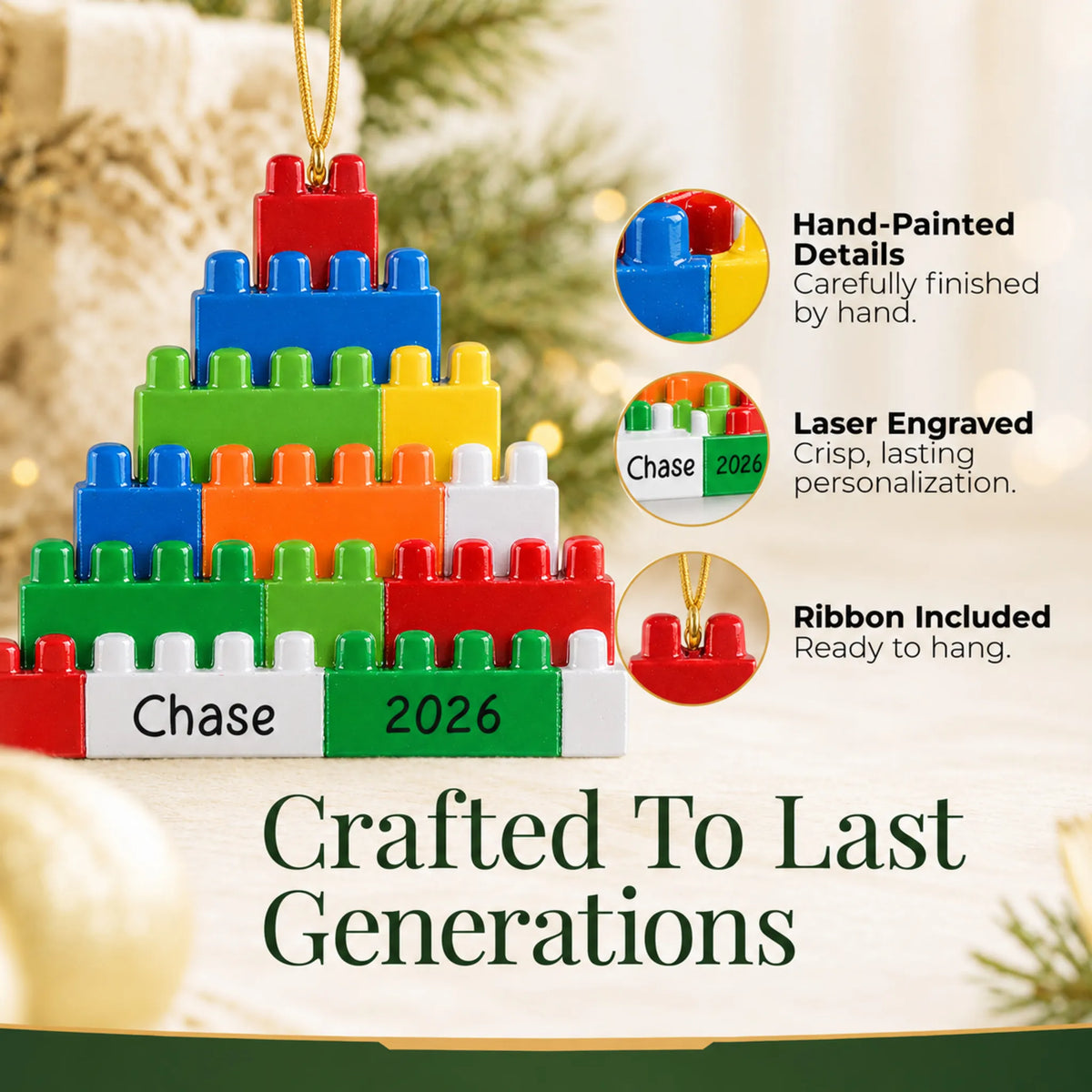 Hand-painted details and laser engraved personalization on the building blocks christmas ornament, ribbon included