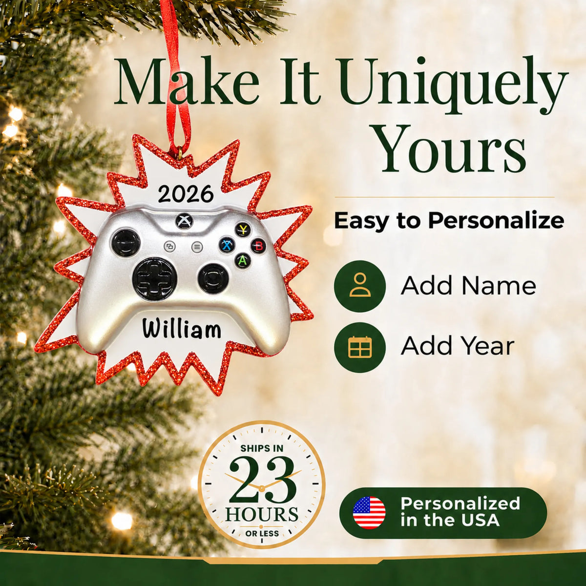 Make it yours: add name and year to the personalized silver video game controller christmas ornament