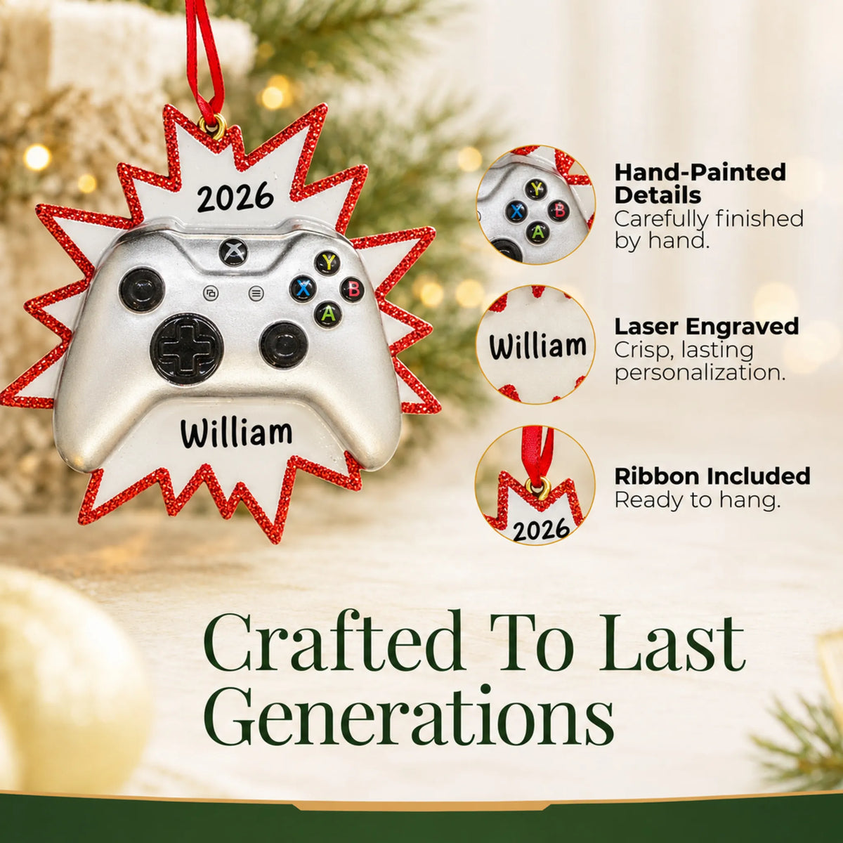 Hand-painted, laser engraved silver video game controller christmas ornament, ribbon included