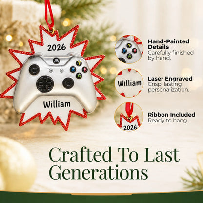 Hand-painted, laser engraved silver video game controller christmas ornament, ribbon included