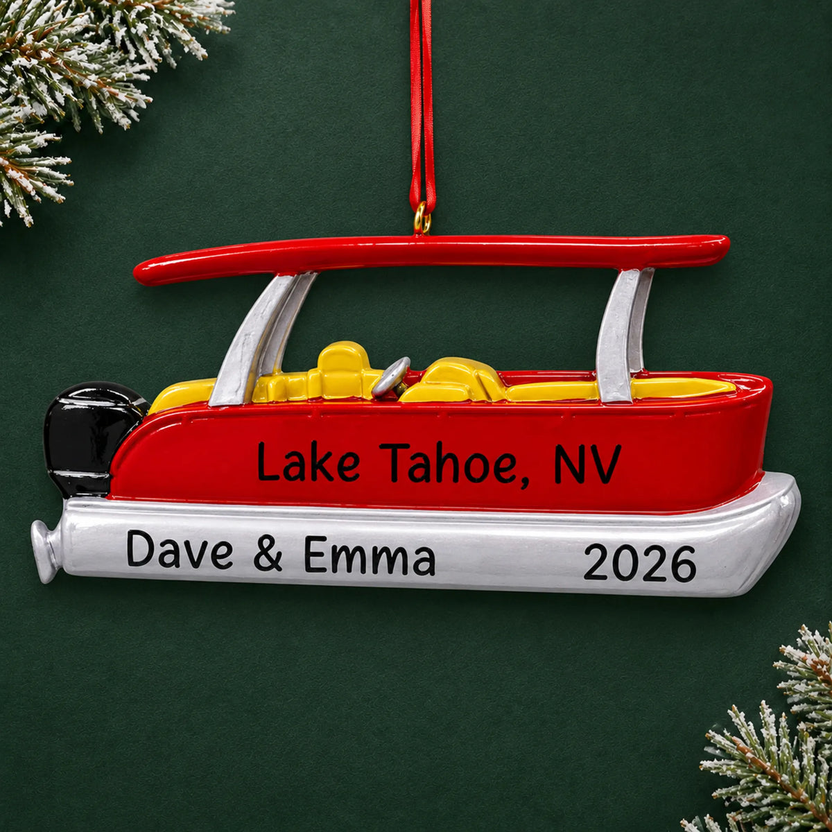 Personalized red pontoon boat christmas ornament, a red pontoon boat, on a dark green pine background