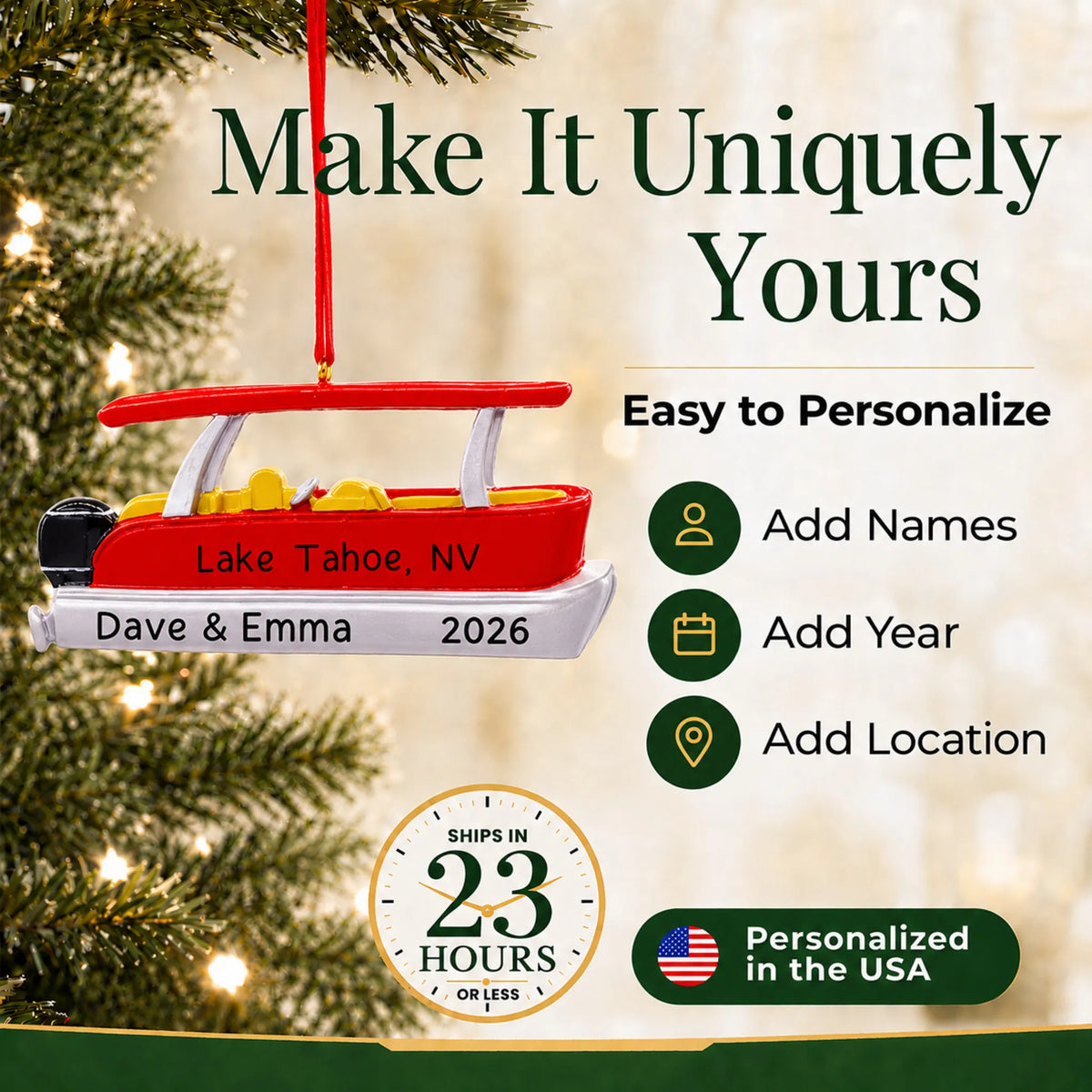 Make it yours: add names, year and location to the personalized red pontoon boat christmas ornament