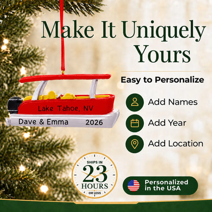 Make it yours: add names, year and location to the personalized red pontoon boat christmas ornament