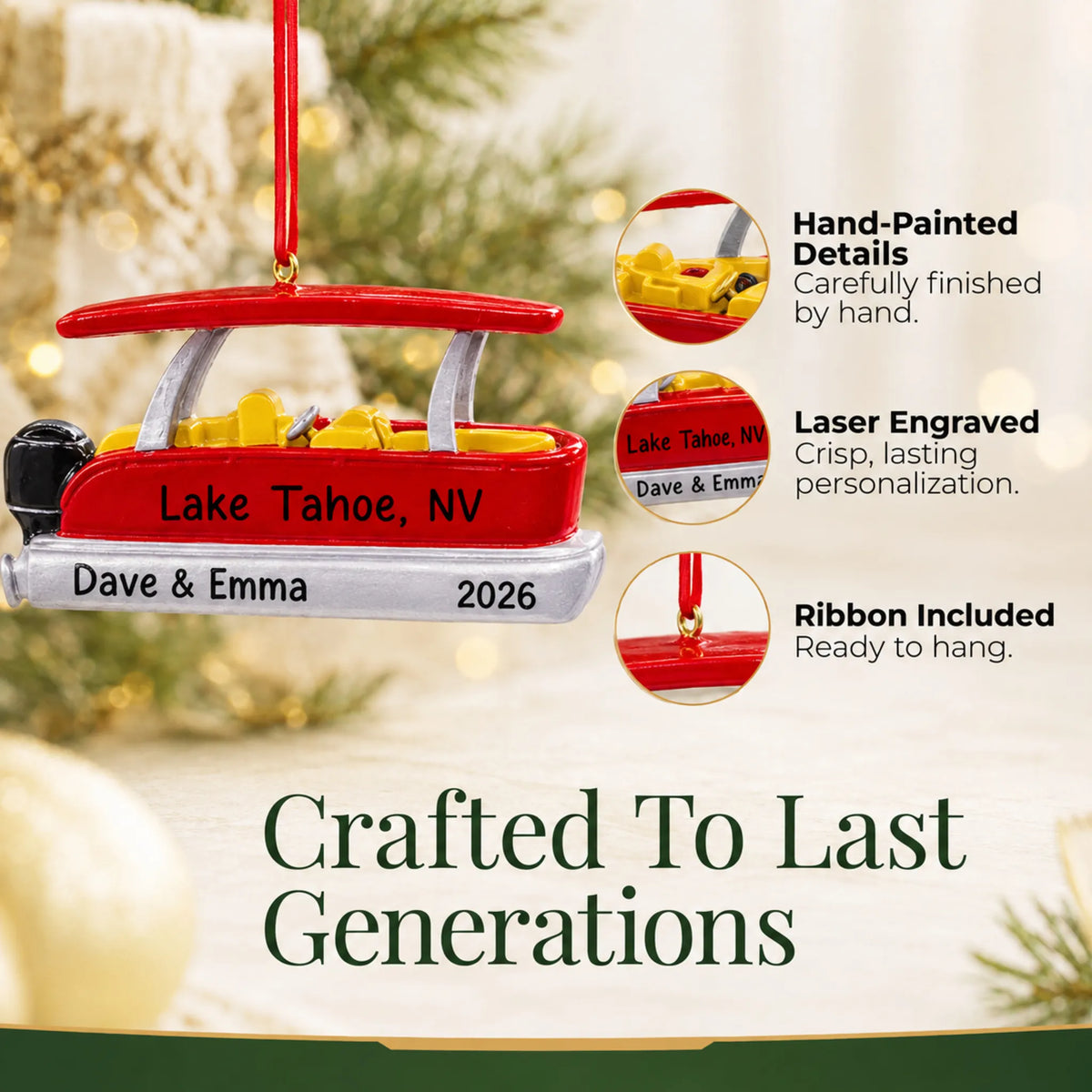 Hand-painted details and laser engraved personalization on the red pontoon boat christmas ornament, ribbon included