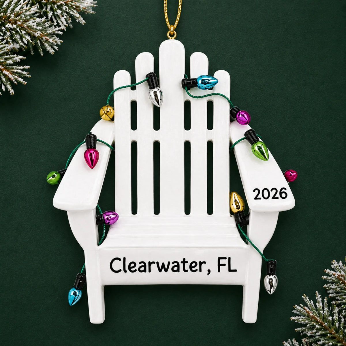 Personalized Adirondack beach chair christmas ornament on a dark green pine background