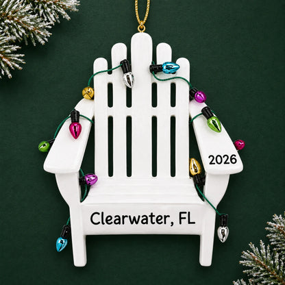 Personalized Adirondack beach chair christmas ornament on a dark green pine background