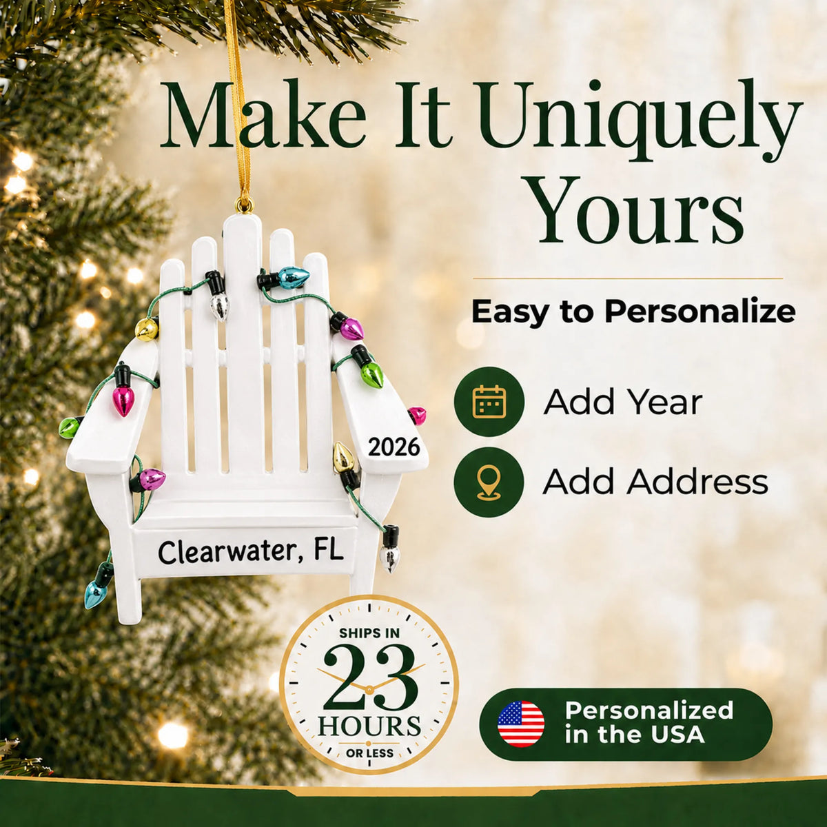 Make it yours: add year and location to the personalized Adirondack beach chair christmas ornament