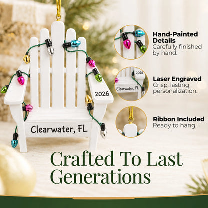 Hand-painted details and laser engraved personalization on the Adirondack beach chair christmas ornament, ribbon included