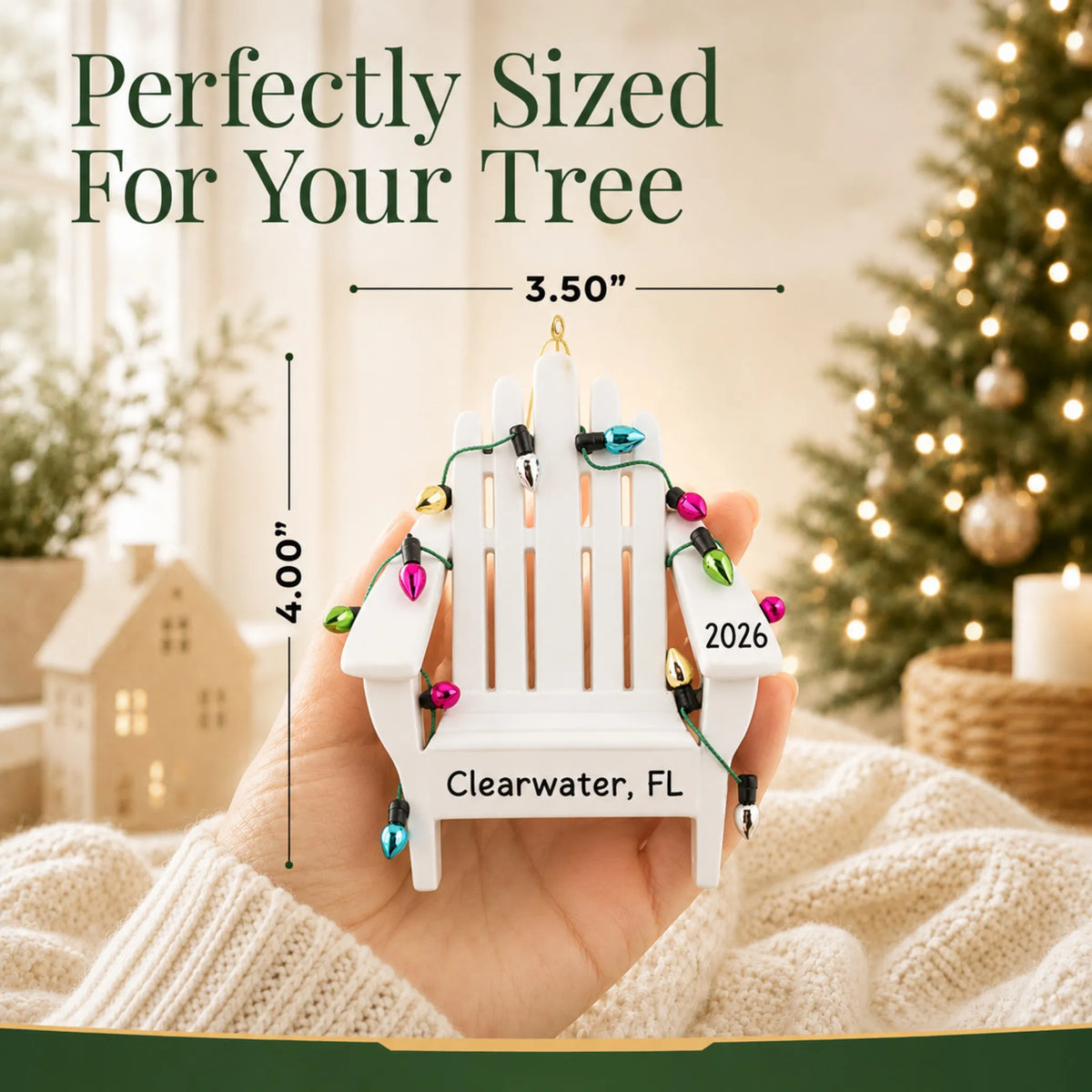 Size guide: the personalized Adirondack beach chair christmas ornament is 3.50 in wide by 4.00 in tall, shown in hand