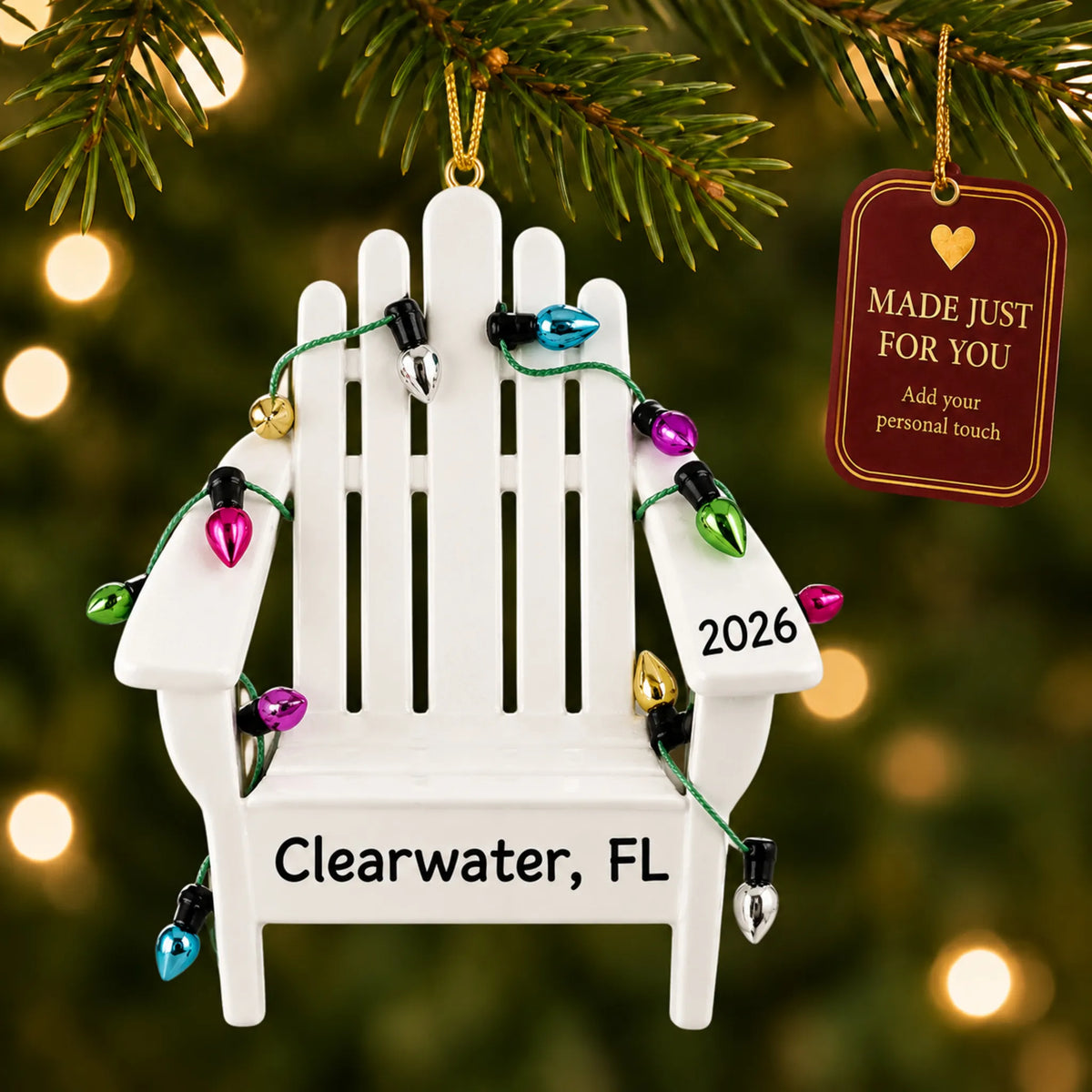 Adirondack beach chair christmas ornament hanging on a lit Christmas tree with a Made Just For You gift tag