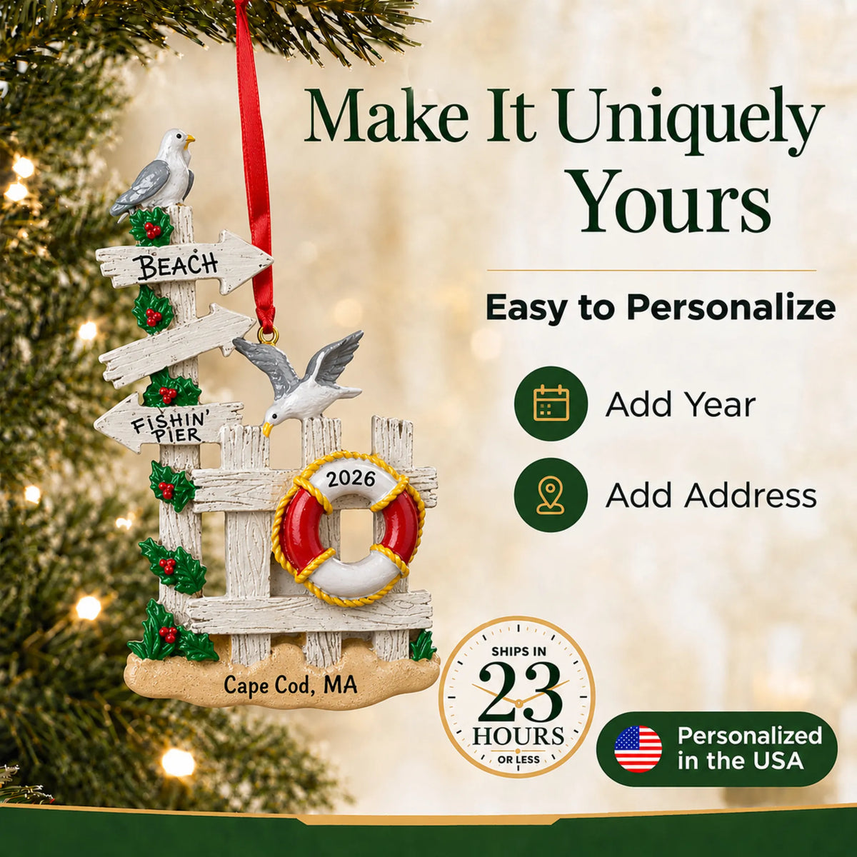 Make it yours: add year and location to the personalized beach gate christmas ornament