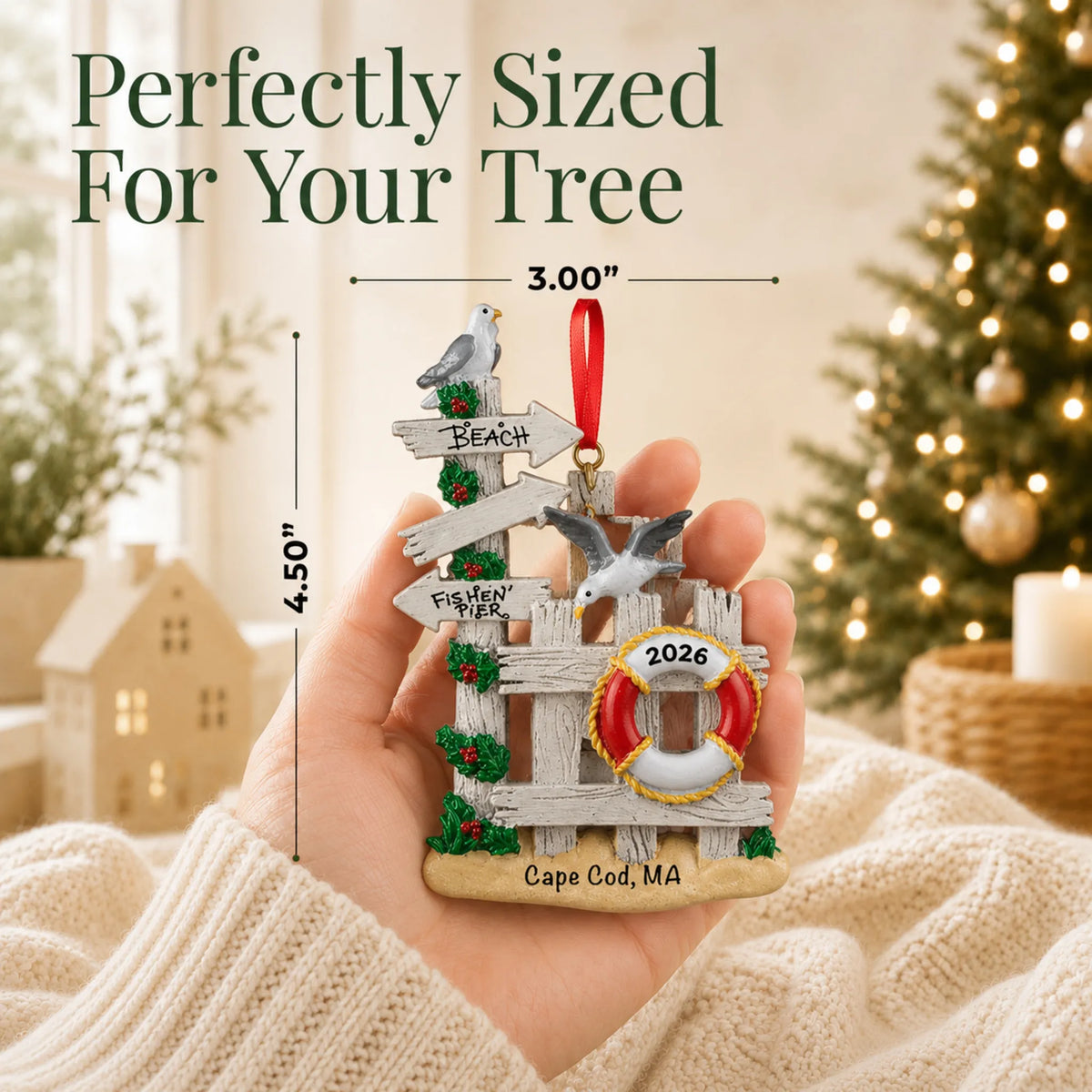 Size guide: the personalized beach gate christmas ornament is 3.00 in wide by 4.50 in tall, shown in hand