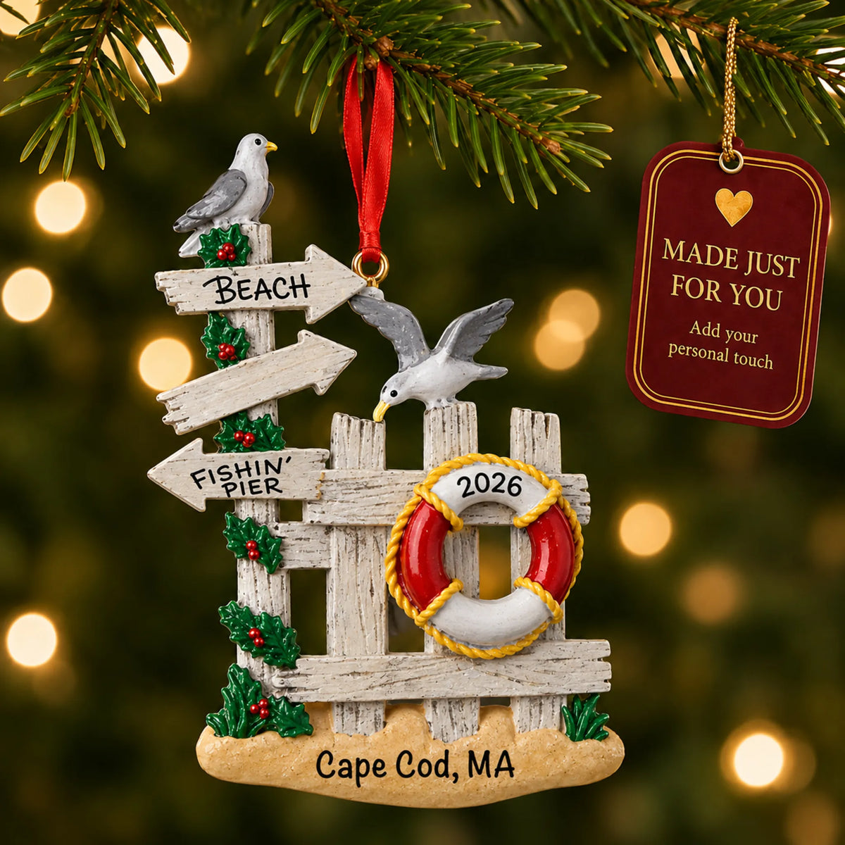 Beach gate christmas ornament hanging on a lit Christmas tree with a Made Just For You gift tag