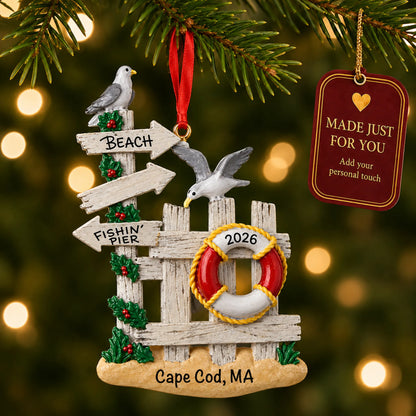 Beach gate christmas ornament hanging on a lit Christmas tree with a Made Just For You gift tag
