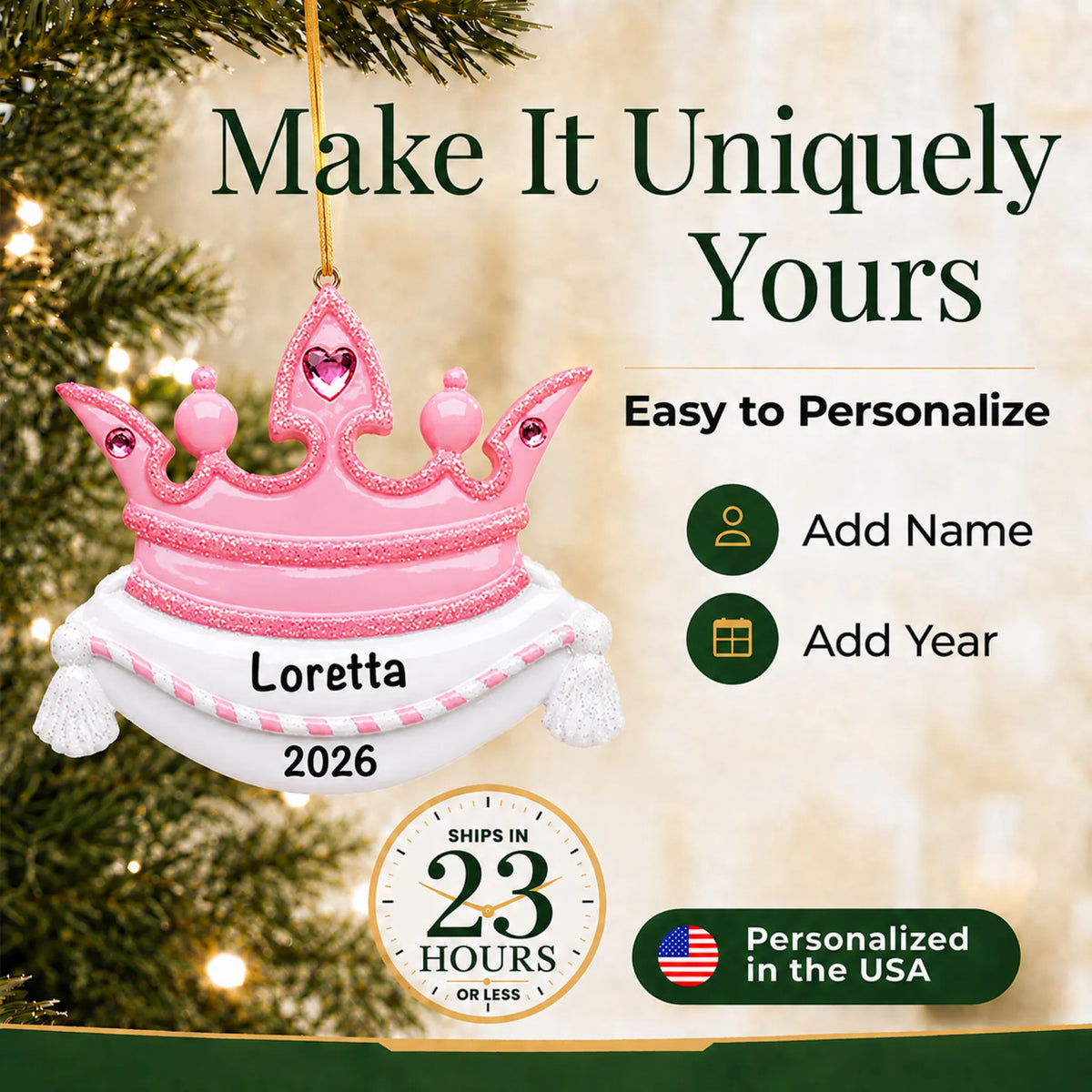 Make it yours: add name and year to the personalized pink princess crown christmas ornament