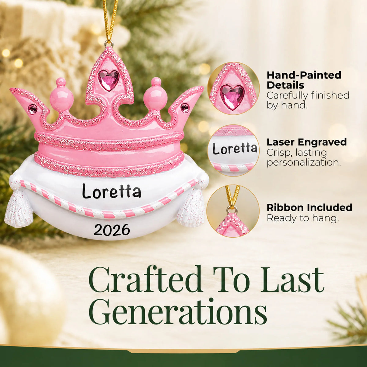 Hand-painted details and laser engraved personalization on the pink princess crown christmas ornament, ribbon included