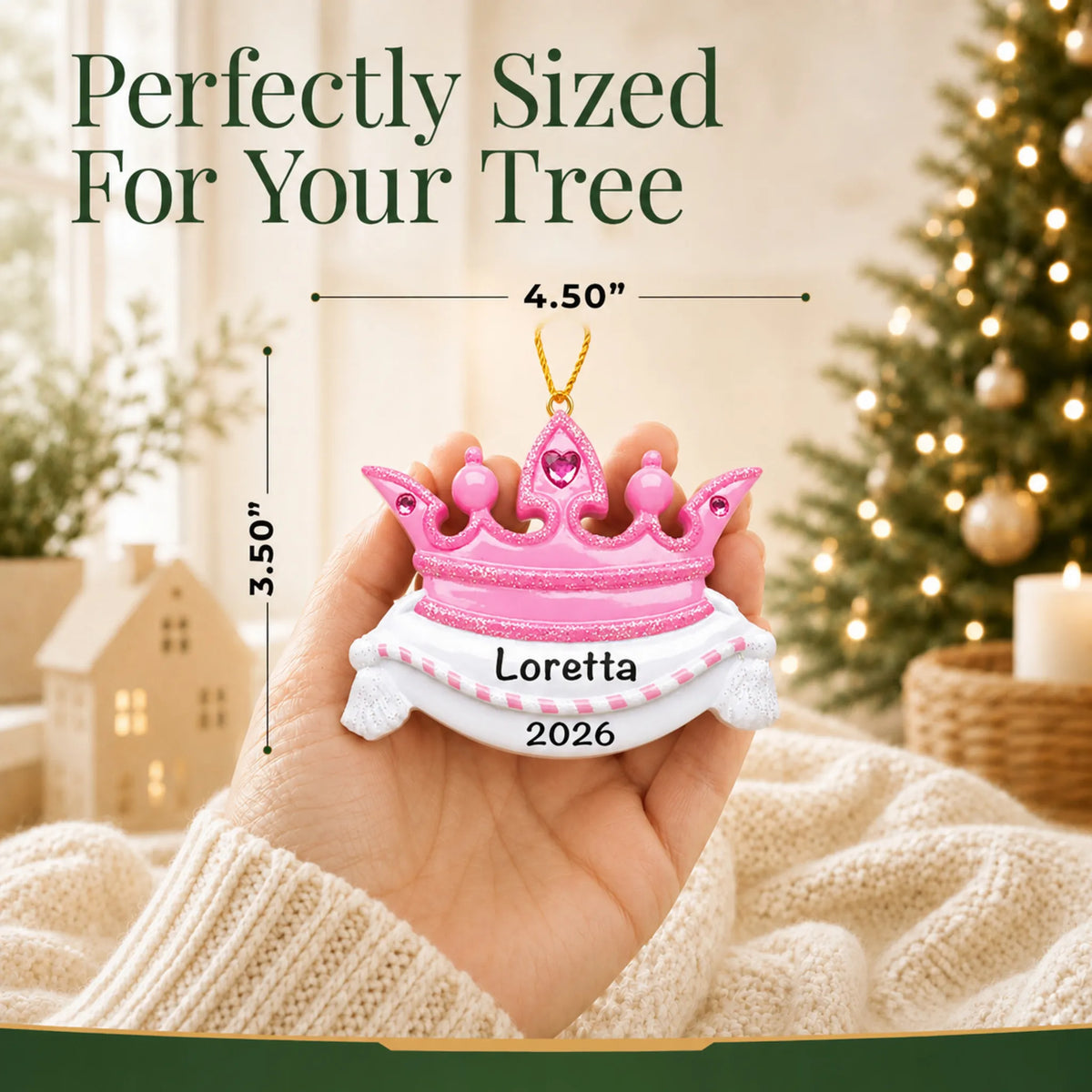 Size guide: the personalized pink princess crown christmas ornament is 4.50 in wide by 3.50 in tall, shown in hand