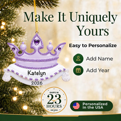 Make it yours: add name and year to the personalized purple princess crown christmas ornament