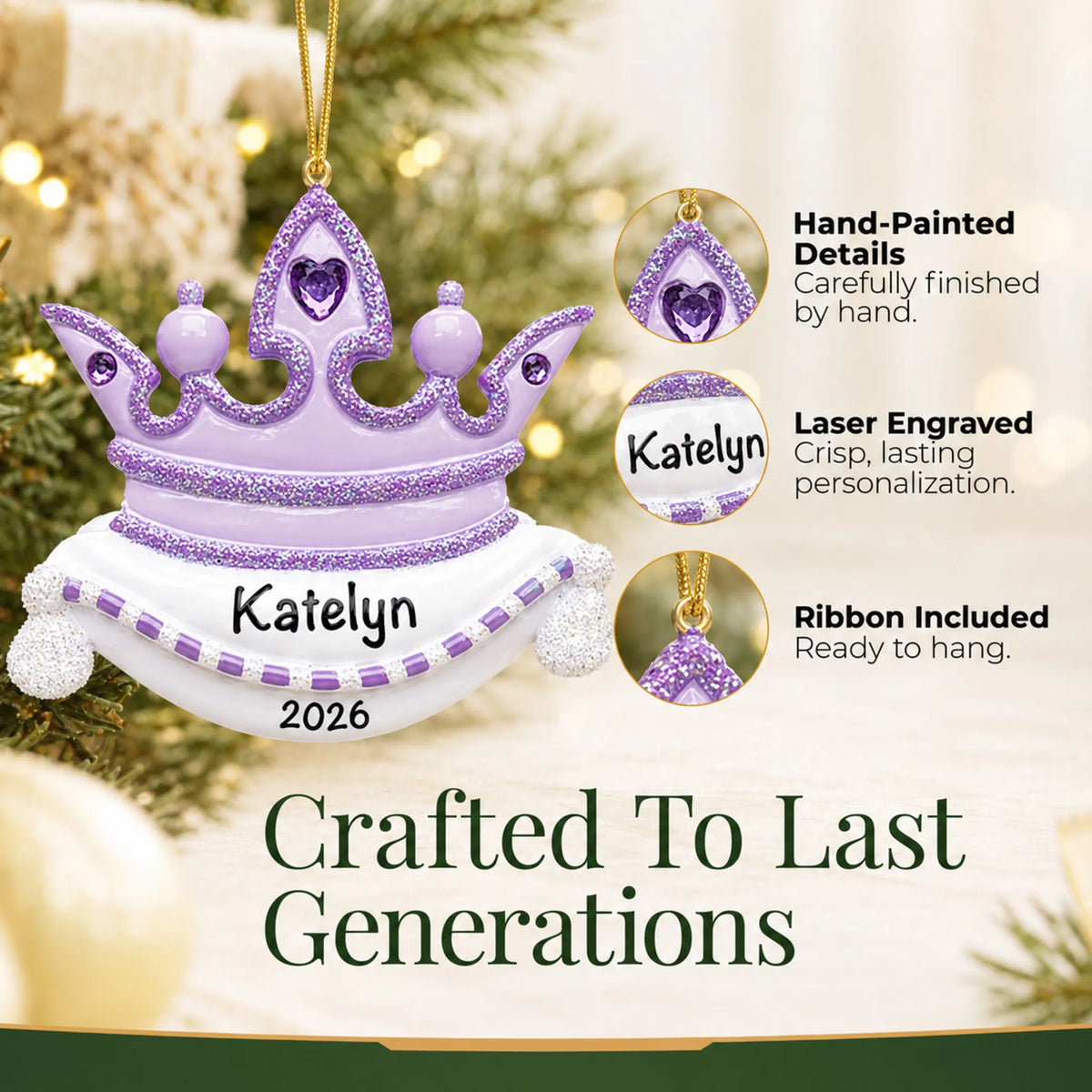 Hand-painted details and laser engraved personalization on the purple princess crown christmas ornament, ribbon included