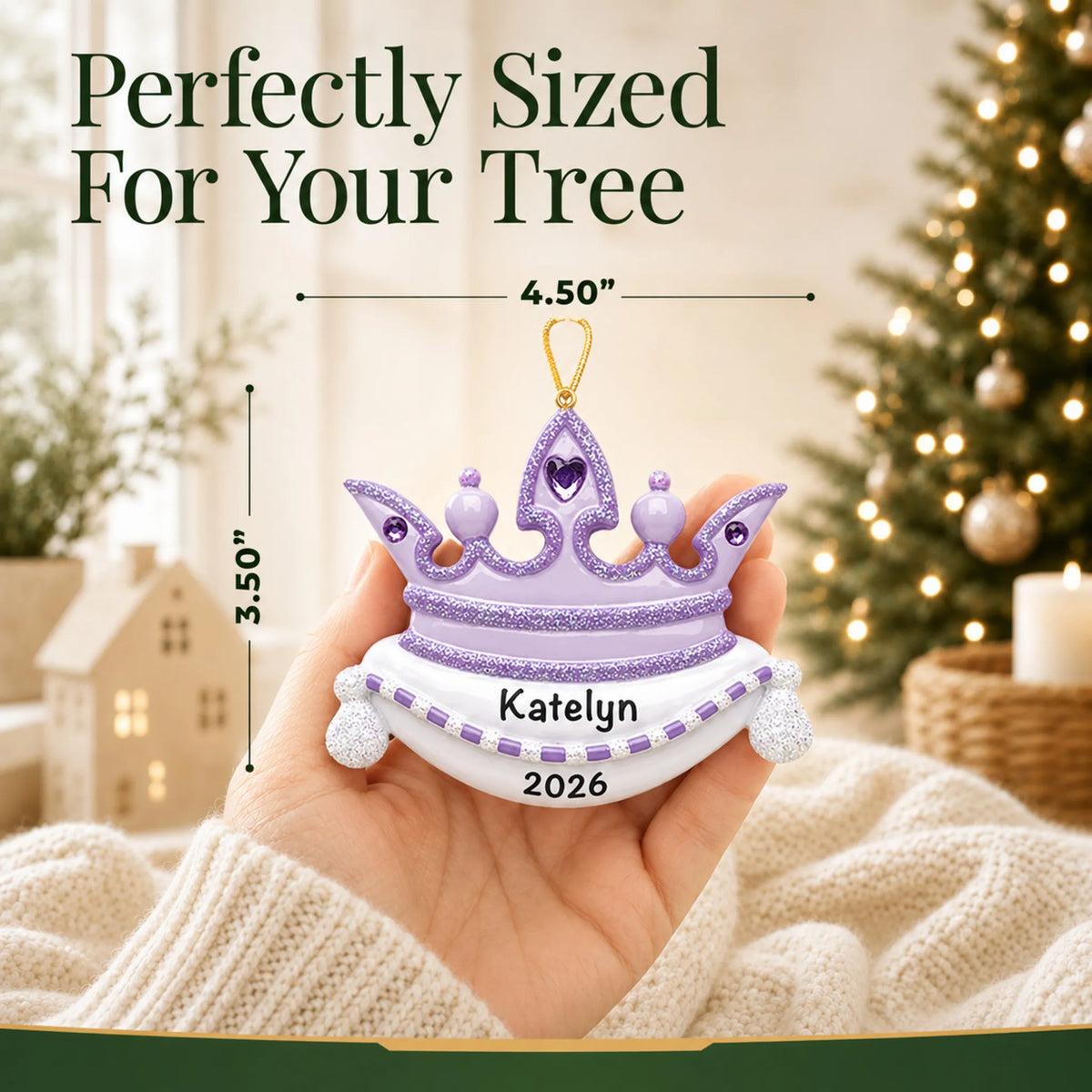 Size guide: the personalized purple princess crown christmas ornament is 4.50 in wide by 3.50 in tall, shown in hand
