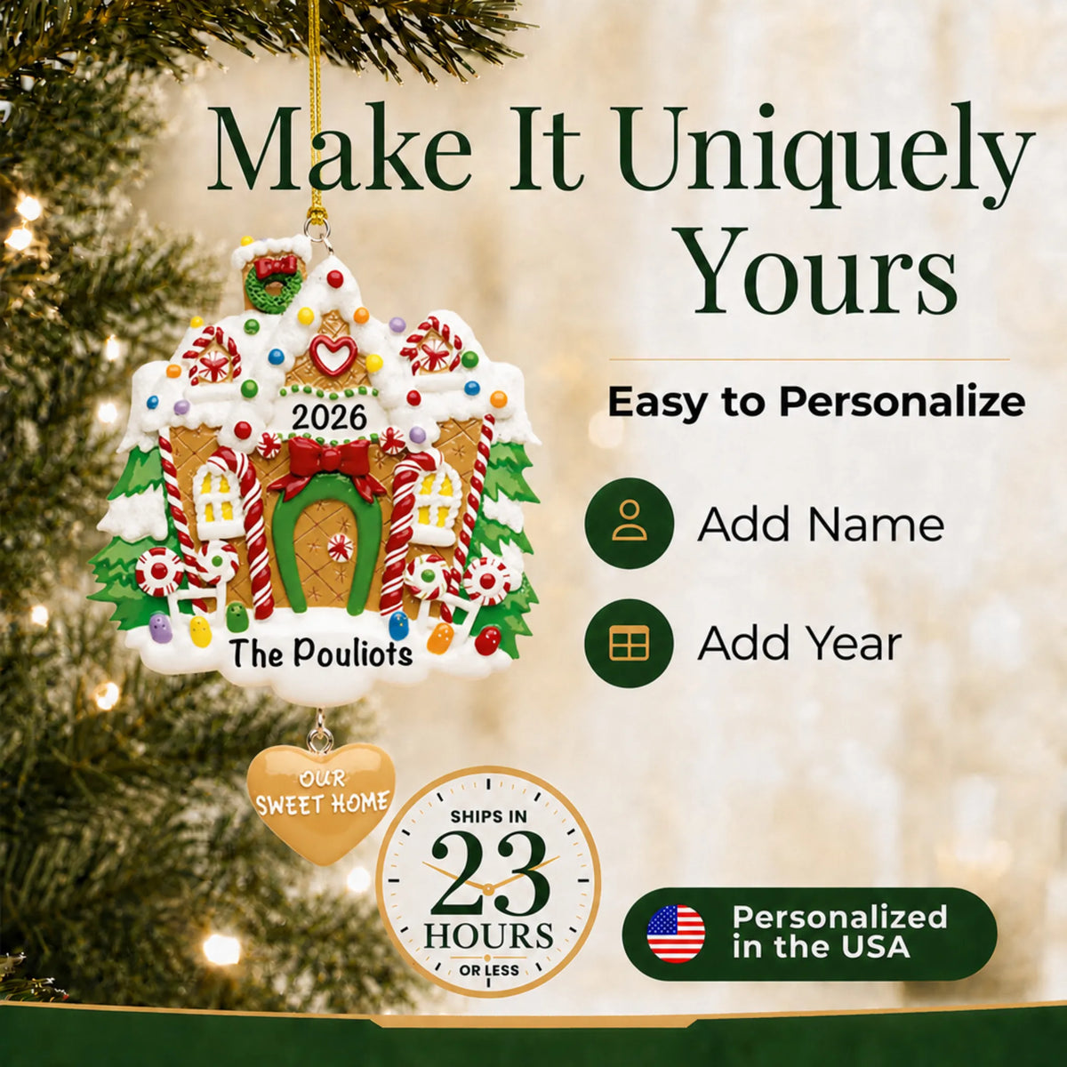 Make it yours: personalize the Gingerbread House christmas ornament with a name and the year