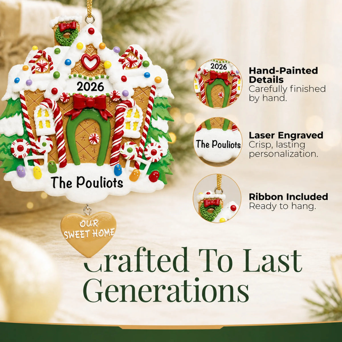 Hand-painted, laser engraved Gingerbread House christmas ornament, ribbon included