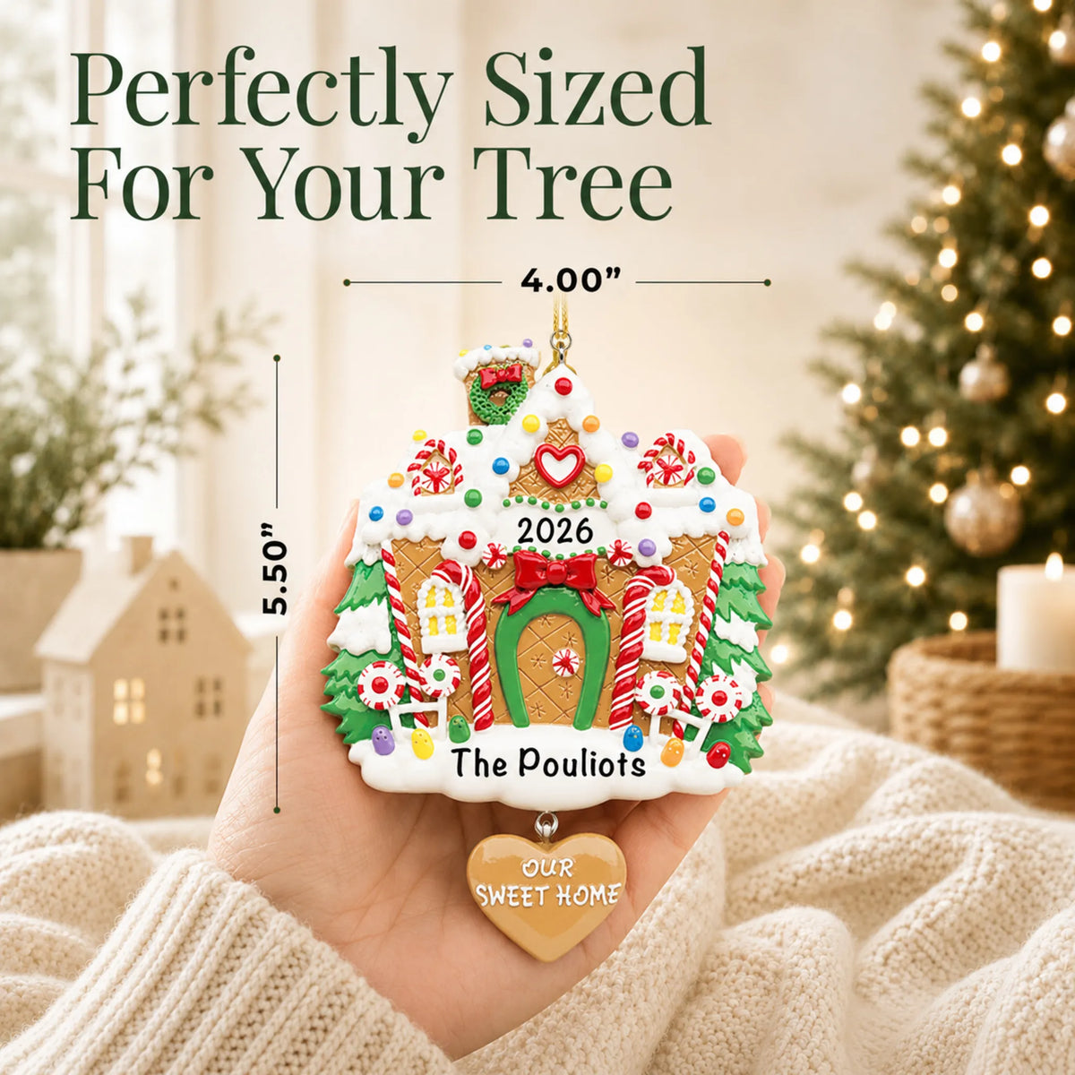 Size guide: the personalized Gingerbread House christmas ornament is 4.00 in wide by 5.50 in tall, shown in hand