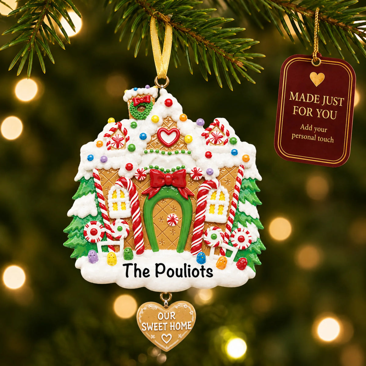 Gingerbread House christmas ornament hanging on a lit Christmas tree with a Made Just For You gift tag