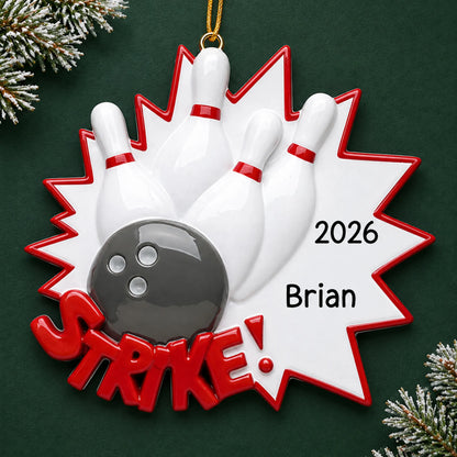 Personalized Bowling christmas ornament on a dark green pine background