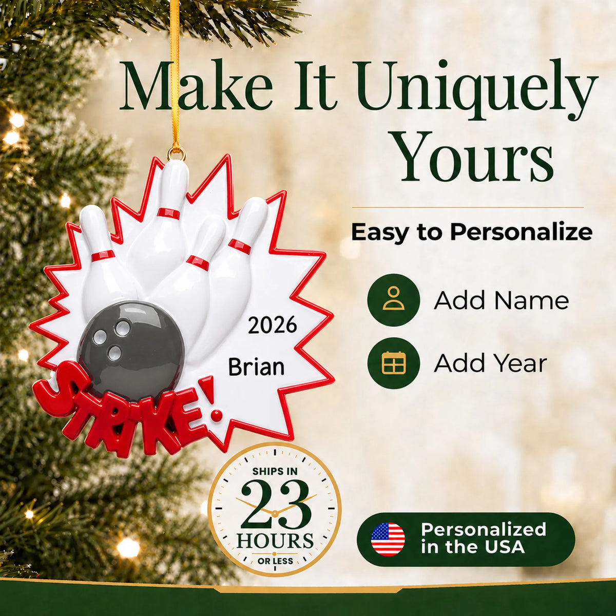 Make it yours: personalize the Bowling christmas ornament