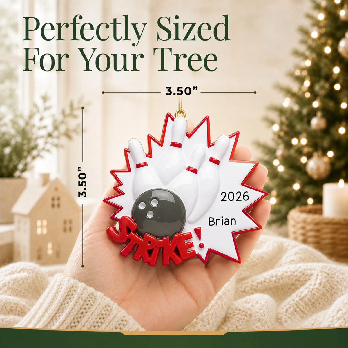 Size guide: the personalized Bowling christmas ornament is 3.50 in wide by 3.50 in tall, shown in hand