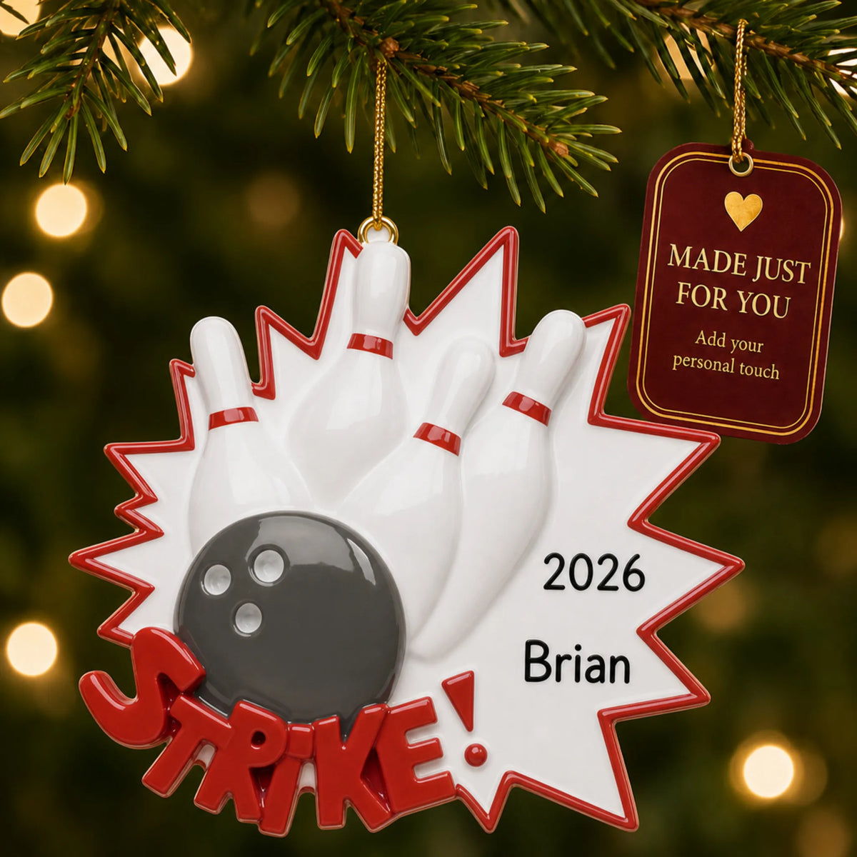 Bowling christmas ornament hanging on a lit Christmas tree with a Made Just For You gift tag