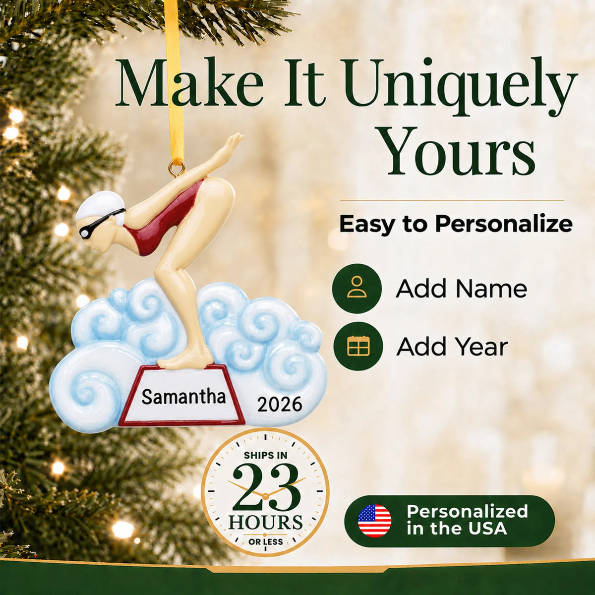 Make it yours: add name and year to the personalized girl swimmer christmas ornament