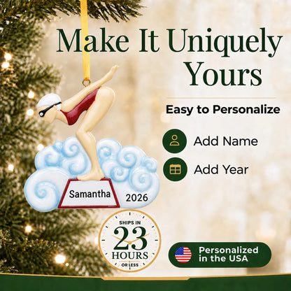 Make it yours: add name and year to the personalized girl swimmer christmas ornament