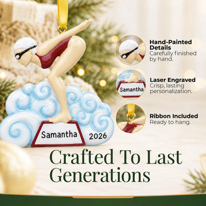 Hand-painted details and laser engraved personalization on the girl swimmer christmas ornament, ribbon included