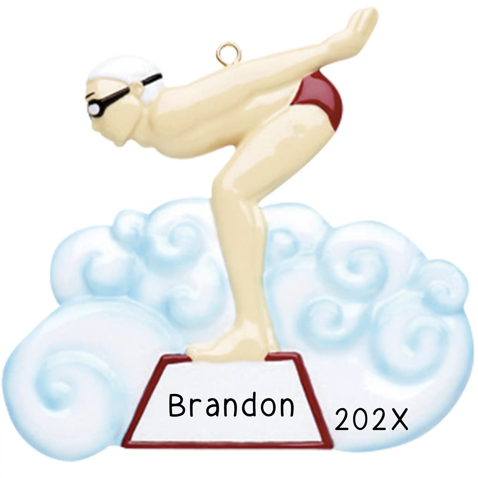 Personalized Christmas ornament featuring a male swimmer in red trunks, cap, and goggles, poised on a starting block above a blue water cloud, ready for custom engraving.