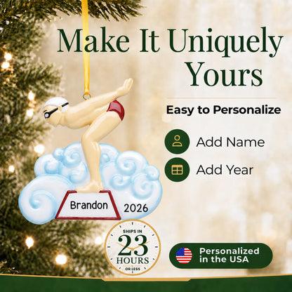Make it yours: add name and year to the personalized boy swimmer christmas ornament