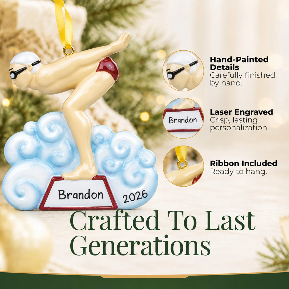 Hand-painted details and laser engraved personalization on the boy swimmer christmas ornament, ribbon included