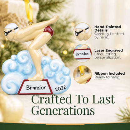 Hand-painted details and laser engraved personalization on the boy swimmer christmas ornament, ribbon included