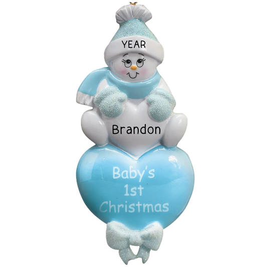 Blue Baby's 1st Christmas Ornament - Snow Baby Boy Heart