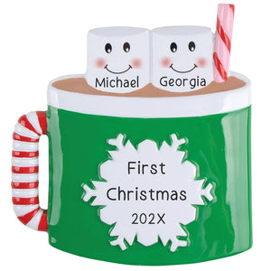Personalized hot cocoa mug couple ornament with two marshmallows and names