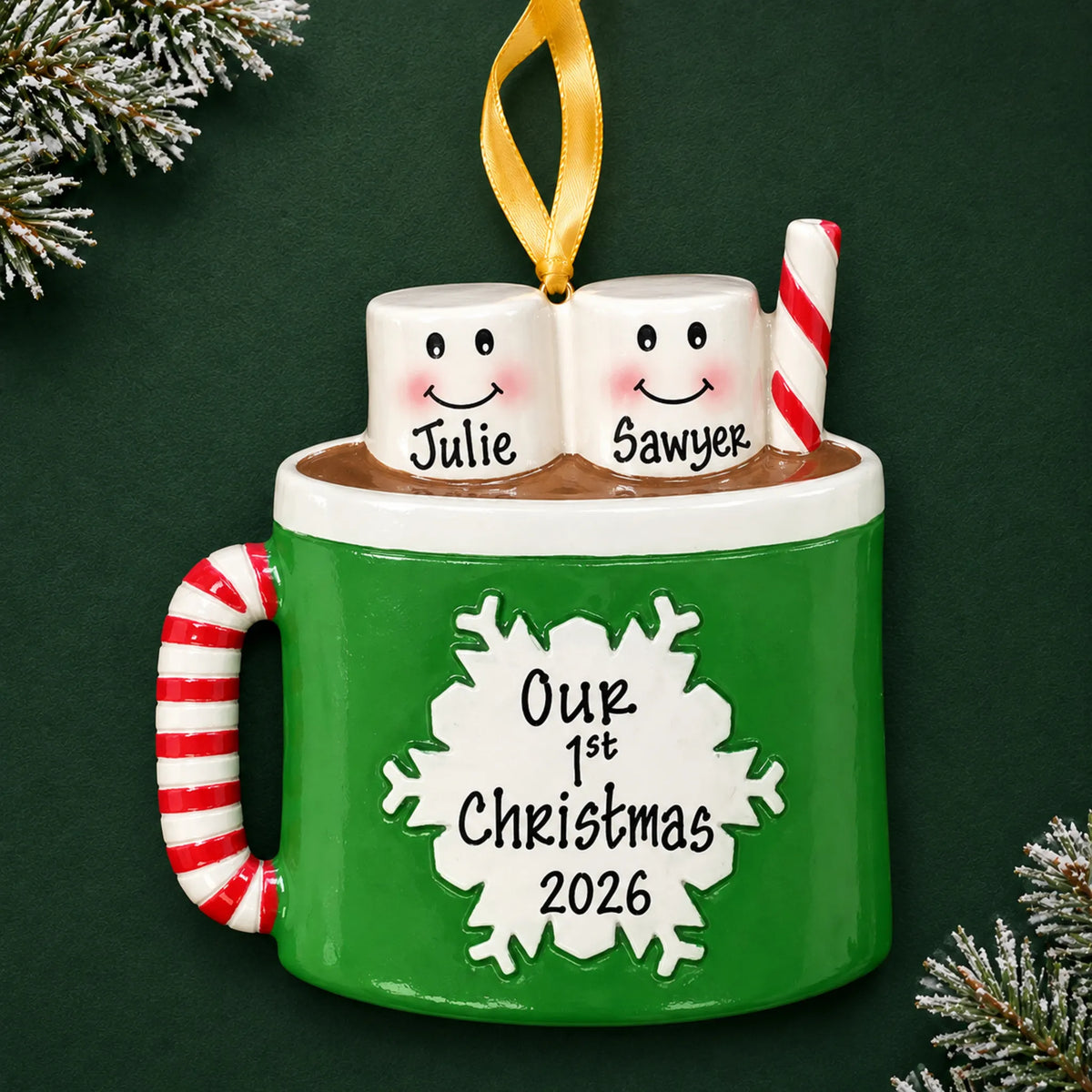 Personalized hot cocoa couple christmas ornament on a dark green pine background