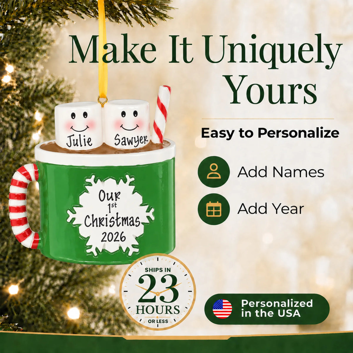 Make it yours: add names and year to the personalized hot cocoa couple christmas ornament