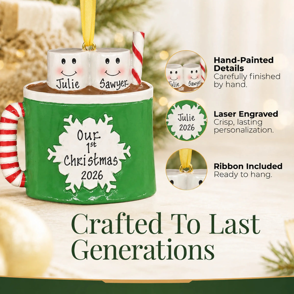 Hand-painted details and laser engraved personalization on the hot cocoa couple christmas ornament, ribbon included