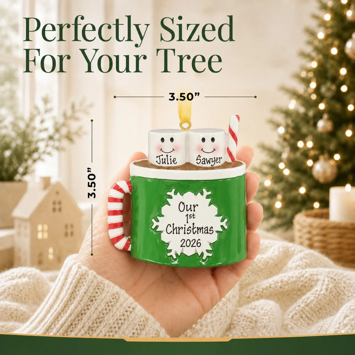 Size guide: the personalized hot cocoa couple christmas ornament is 3.50 in wide by 3.50 in tall, shown in hand