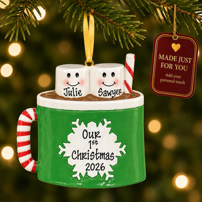 Hot cocoa couple christmas ornament hanging on a lit Christmas tree with a Made Just For You gift tag