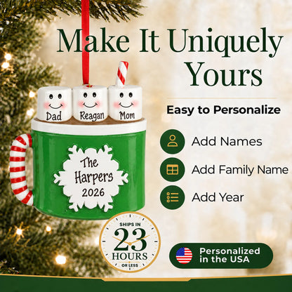 Make it yours: add names and year to the personalized hot cocoa family of 3 christmas ornament