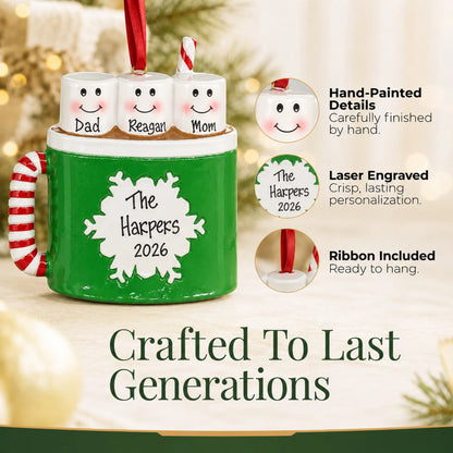 Hand-painted details and laser engraved personalization on the hot cocoa family of 3 christmas ornament, ribbon included